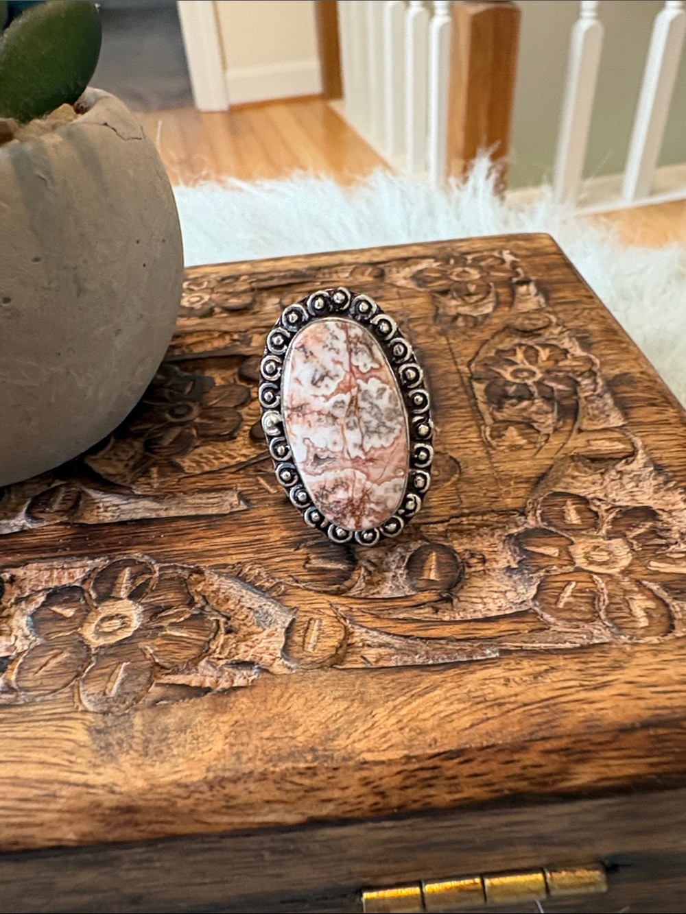 Sterling Silver Oval Pink Jasper Statement Ring